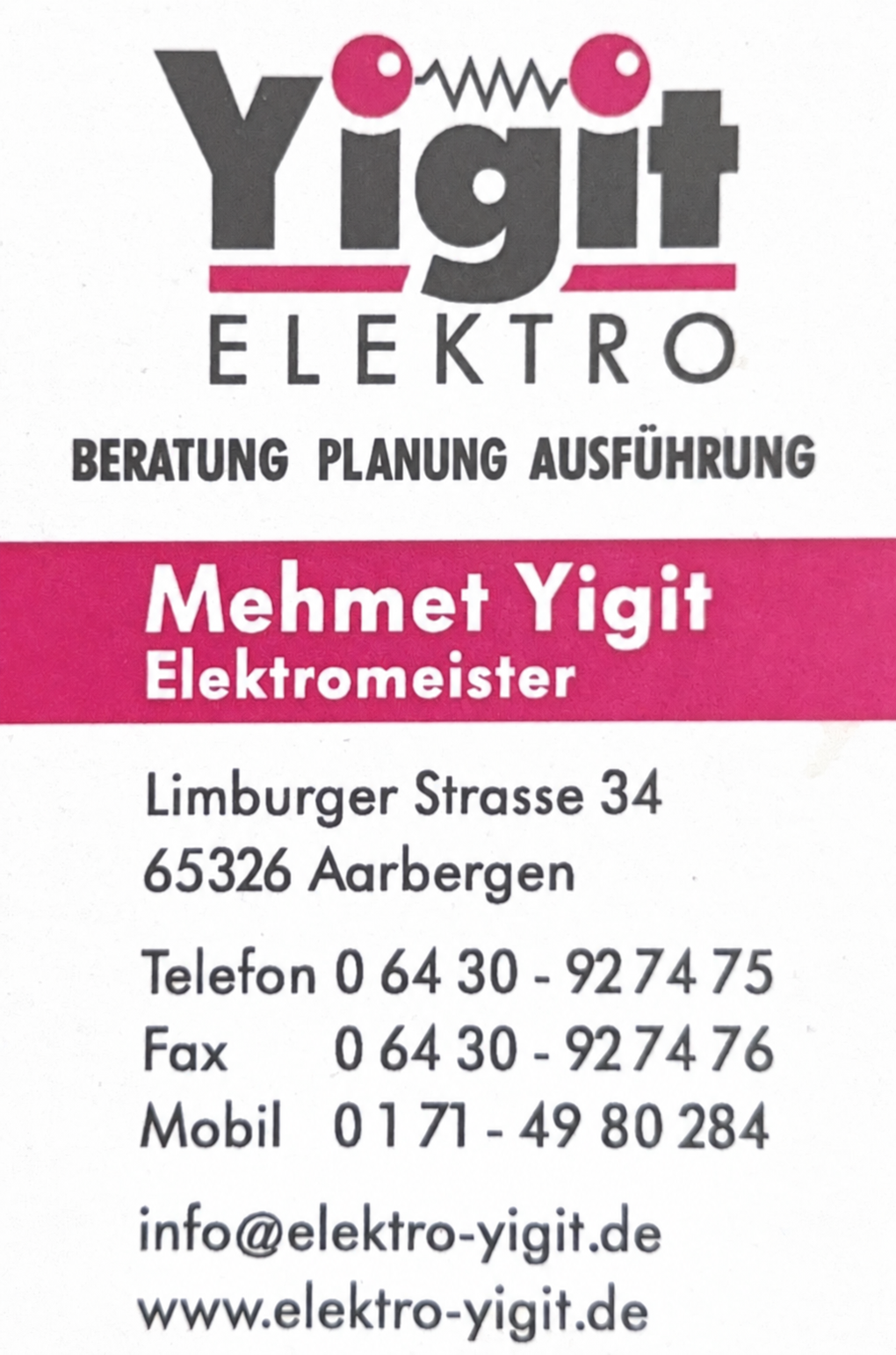 Visitenkarte Elektro Yigit mit Beratung, Planung und Ausführung