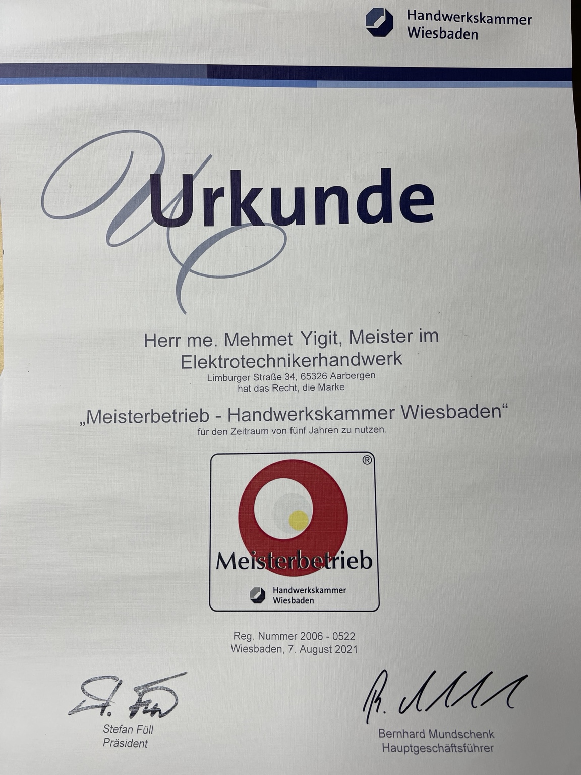 Urkunde Meisterbetrieb der Handwerkskammer Wiesbaden